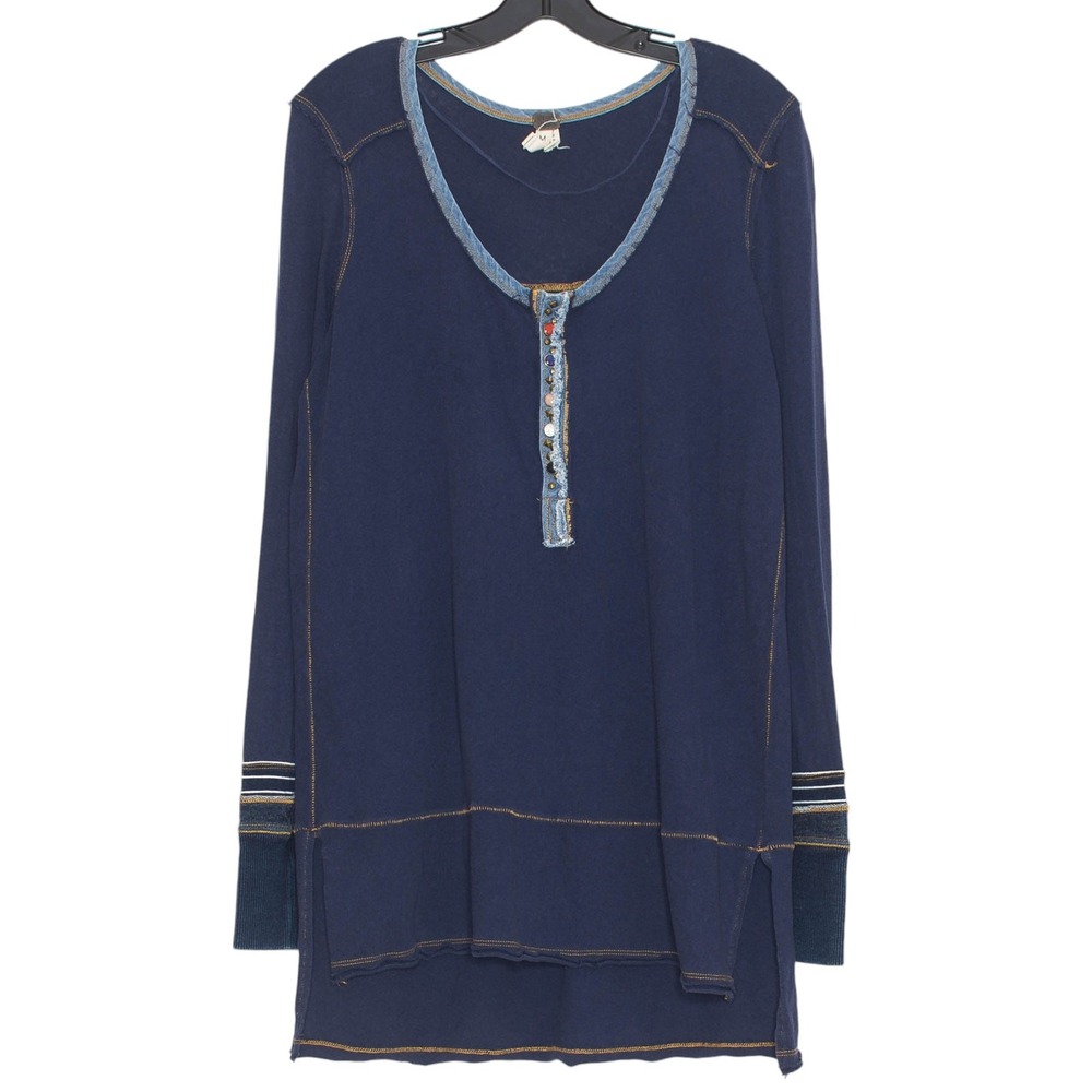 We The Free People Tunic Top Dallas Henley Boho Nautical Preppy Blue Size Medium